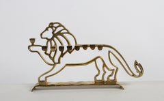 1970s MCM Modern León de latón Menorah judía - Lámpara de Rosenthal Judaica de Cara