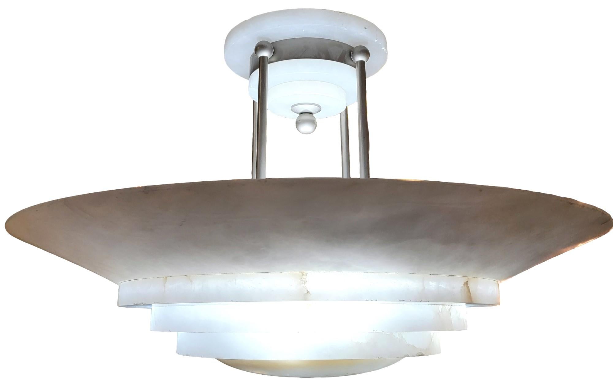 1970s Onyx Chandelier. Wonderful translucent White layers with minor variations in color. Minor wear from age and use.
