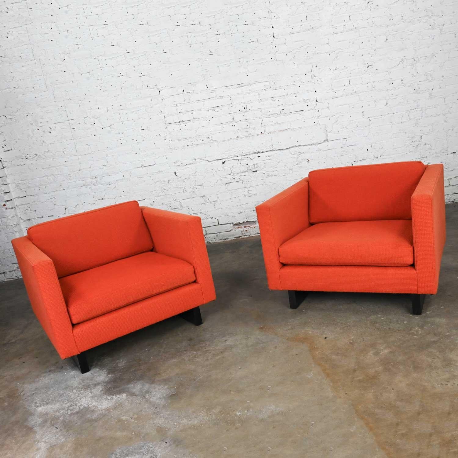 1970s Mcm to Modern Harvey Probber Club Chairs Orange 1571 Tuxedo Sleigh Bases For Sale 3