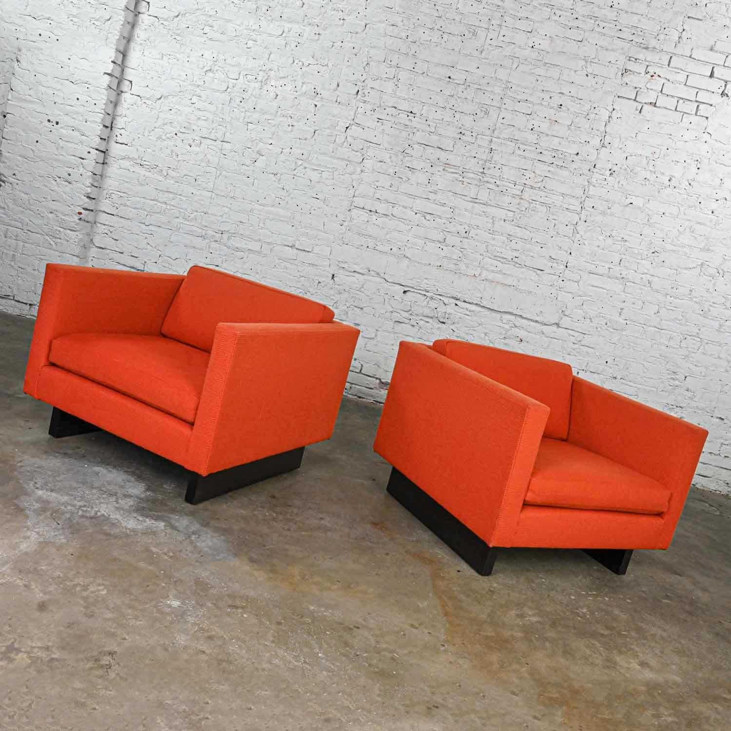 1970s Mcm to Modern Harvey Probber Club Chairs Orange 1571 Tuxedo Sleigh Bases For Sale 4