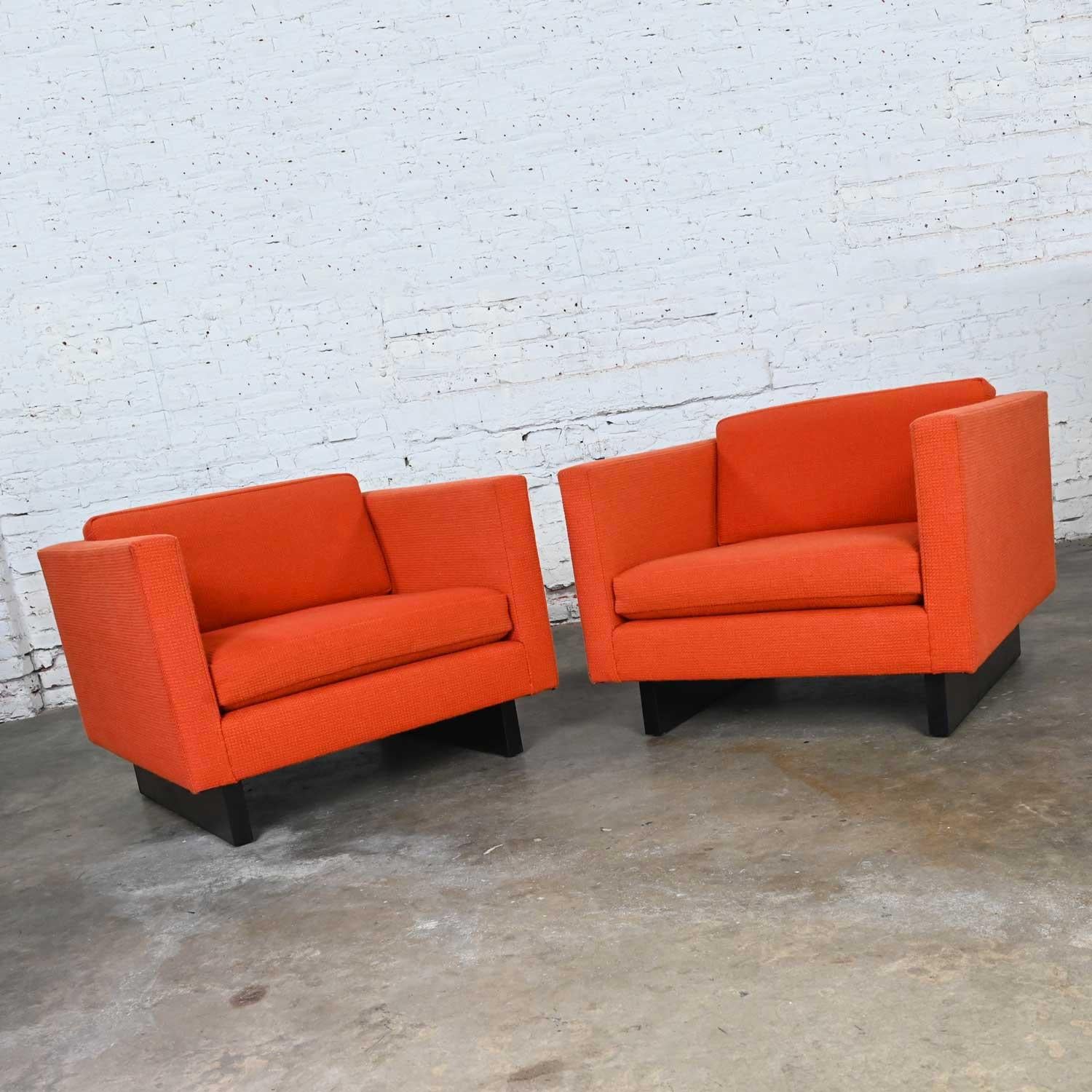 1970s Mcm to Modern Harvey Probber Club Chairs Orange 1571 Tuxedo Sleigh Bases For Sale 5