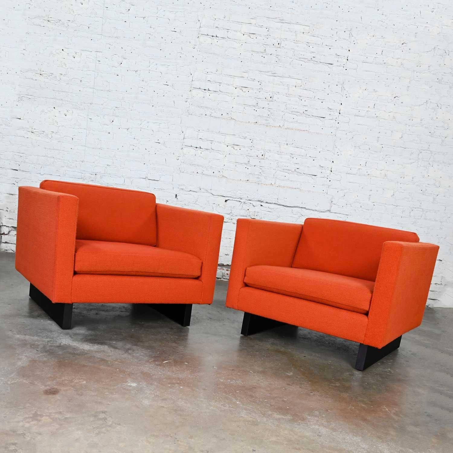 1970s Mcm to Modern Harvey Probber Club Chairs Orange 1571 Tuxedo Sleigh Bases For Sale 6