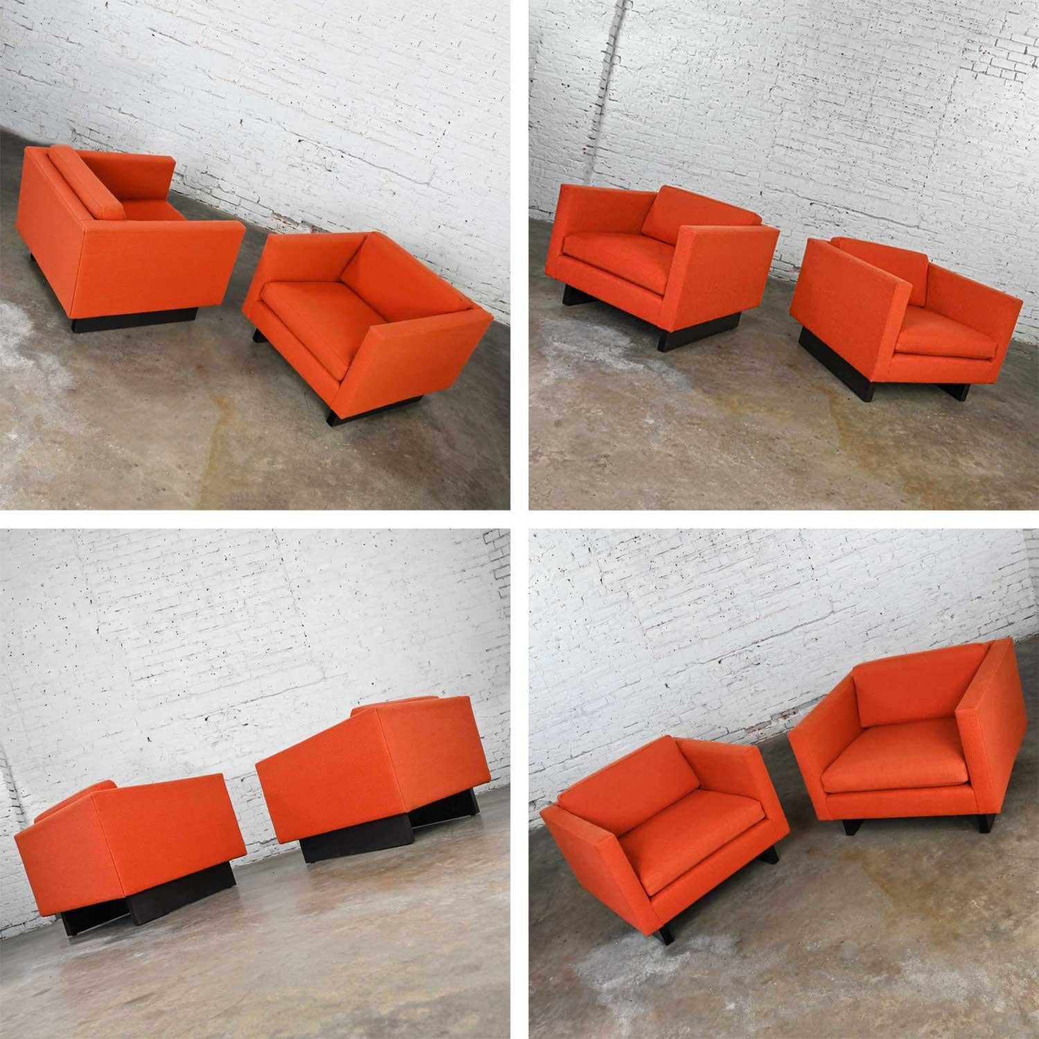 1970s Mcm to Modern Harvey Probber Club Chairs Orange 1571 Tuxedo Sleigh Bases For Sale 8