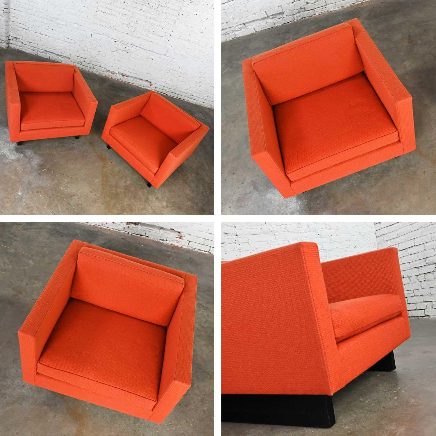 1970s Mcm to Modern Harvey Probber Club Chairs Orange 1571 Tuxedo Sleigh Bases For Sale 9
