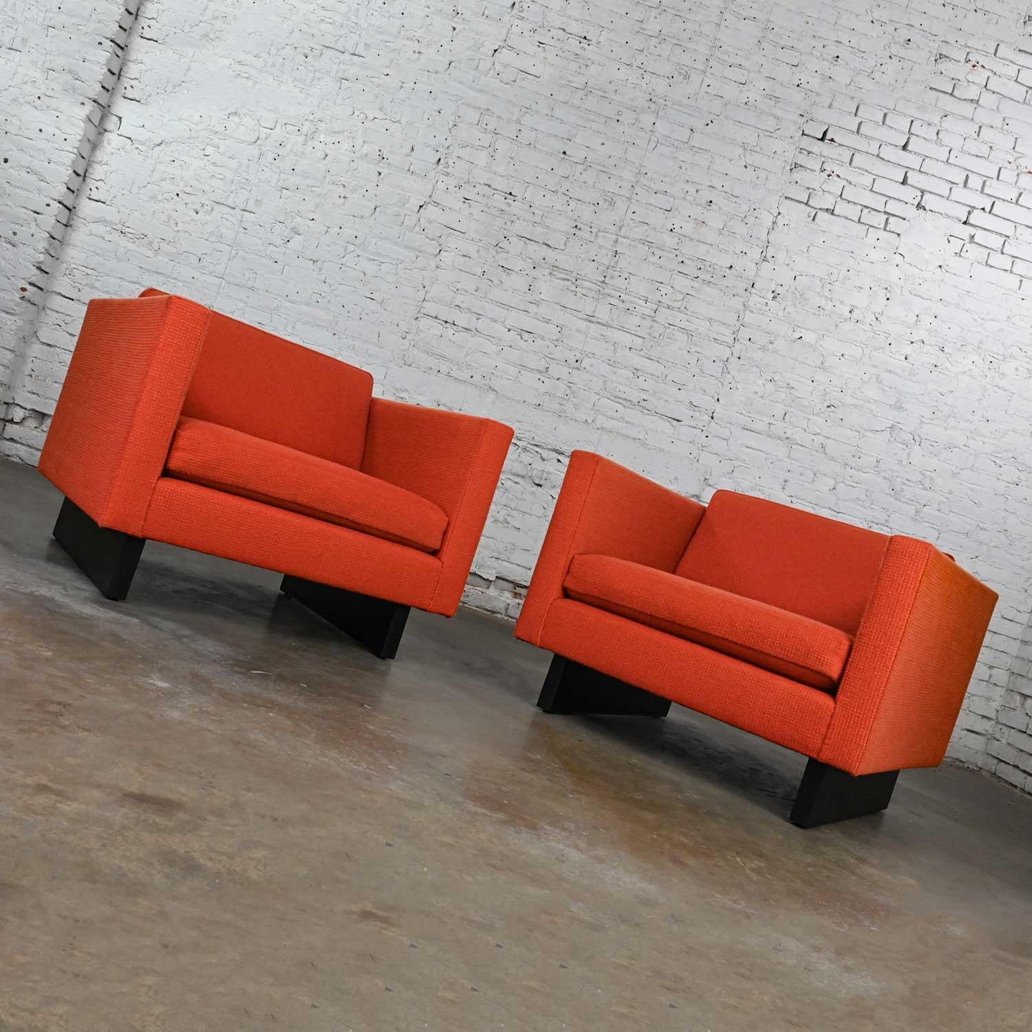 Mid-Century Modern 1970s Mcm to Modern Harvey Probber Club Chairs Orange 1571 Tuxedo Sleigh Bases For Sale