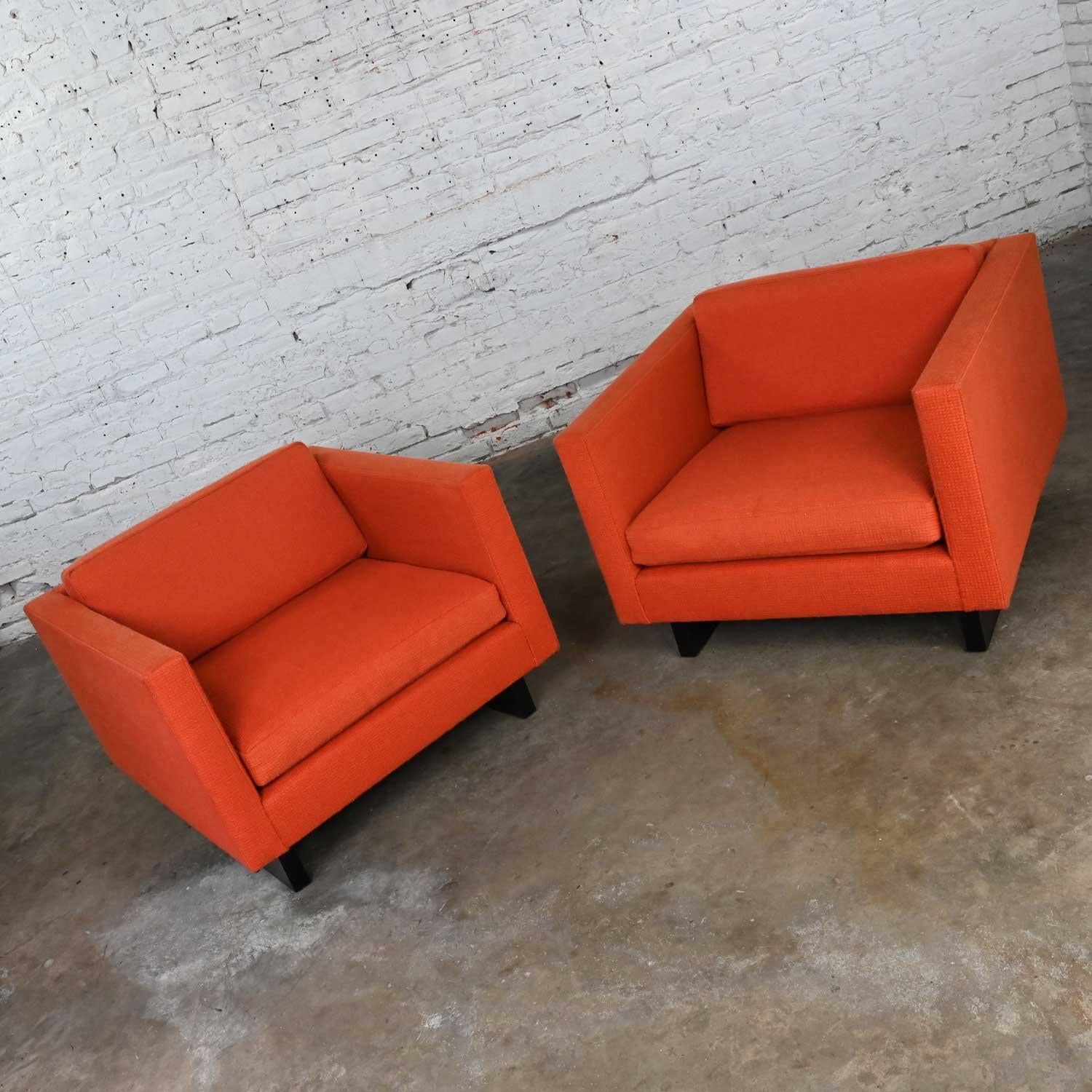 American 1970s Mcm to Modern Harvey Probber Club Chairs Orange 1571 Tuxedo Sleigh Bases For Sale