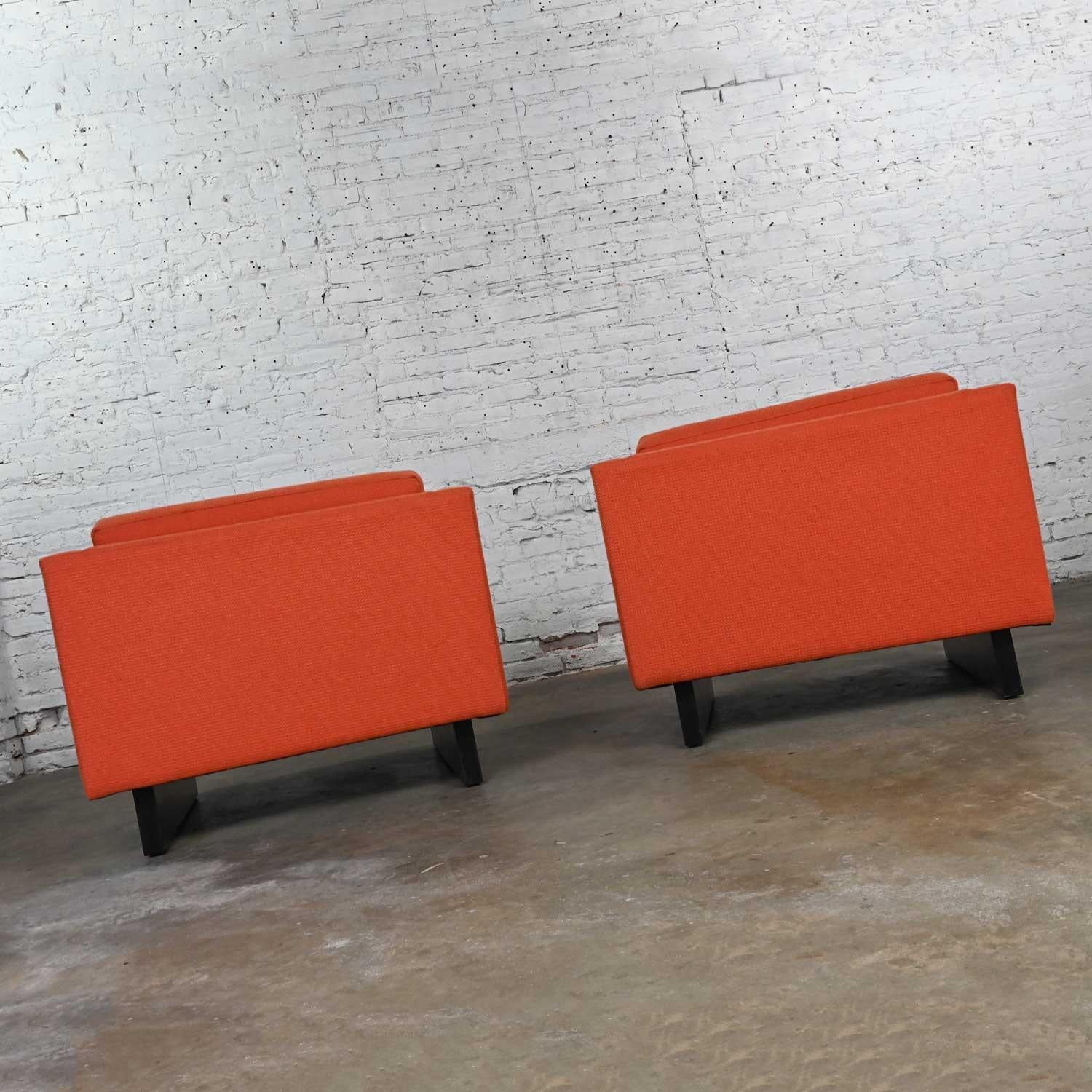 1970s Mcm to Modern Harvey Probber Club Chairs Orange 1571 Tuxedo Sleigh Bases For Sale 1
