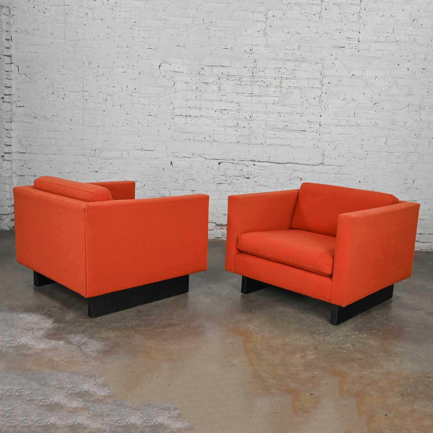 1970s Mcm to Modern Harvey Probber Club Chairs Orange 1571 Tuxedo Sleigh Bases For Sale 2