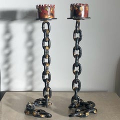 French Medieval Revival Cast Iron Chain Candleholders, a Pair, circa 1970s