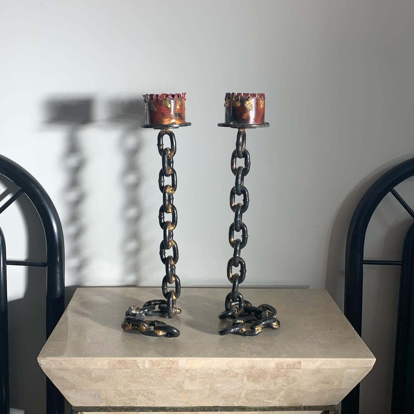 Gothic Revival French Medieval Revival Cast Iron Chain Candleholders, a Pair, circa 1970s