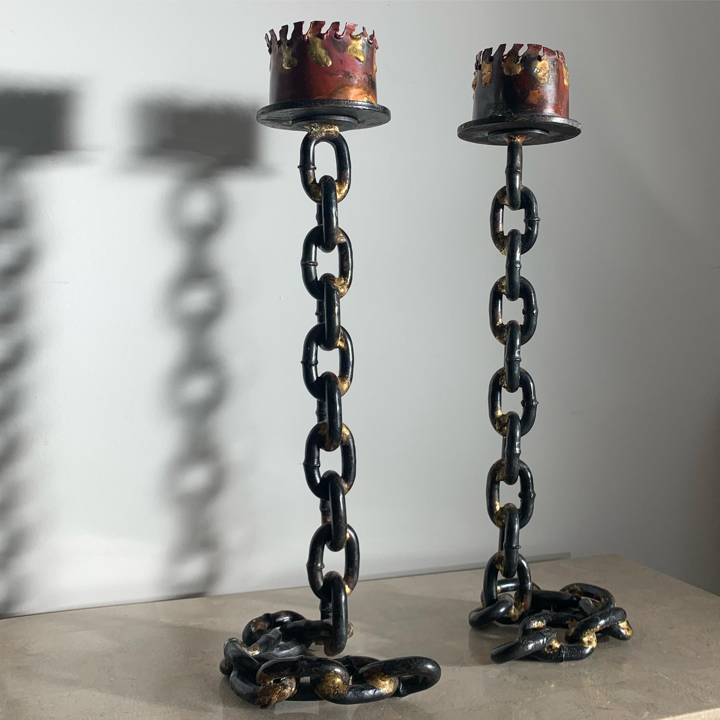 French Medieval Revival Cast Iron Chain Candleholders, a Pair, circa 1970s In Good Condition In View Park, CA