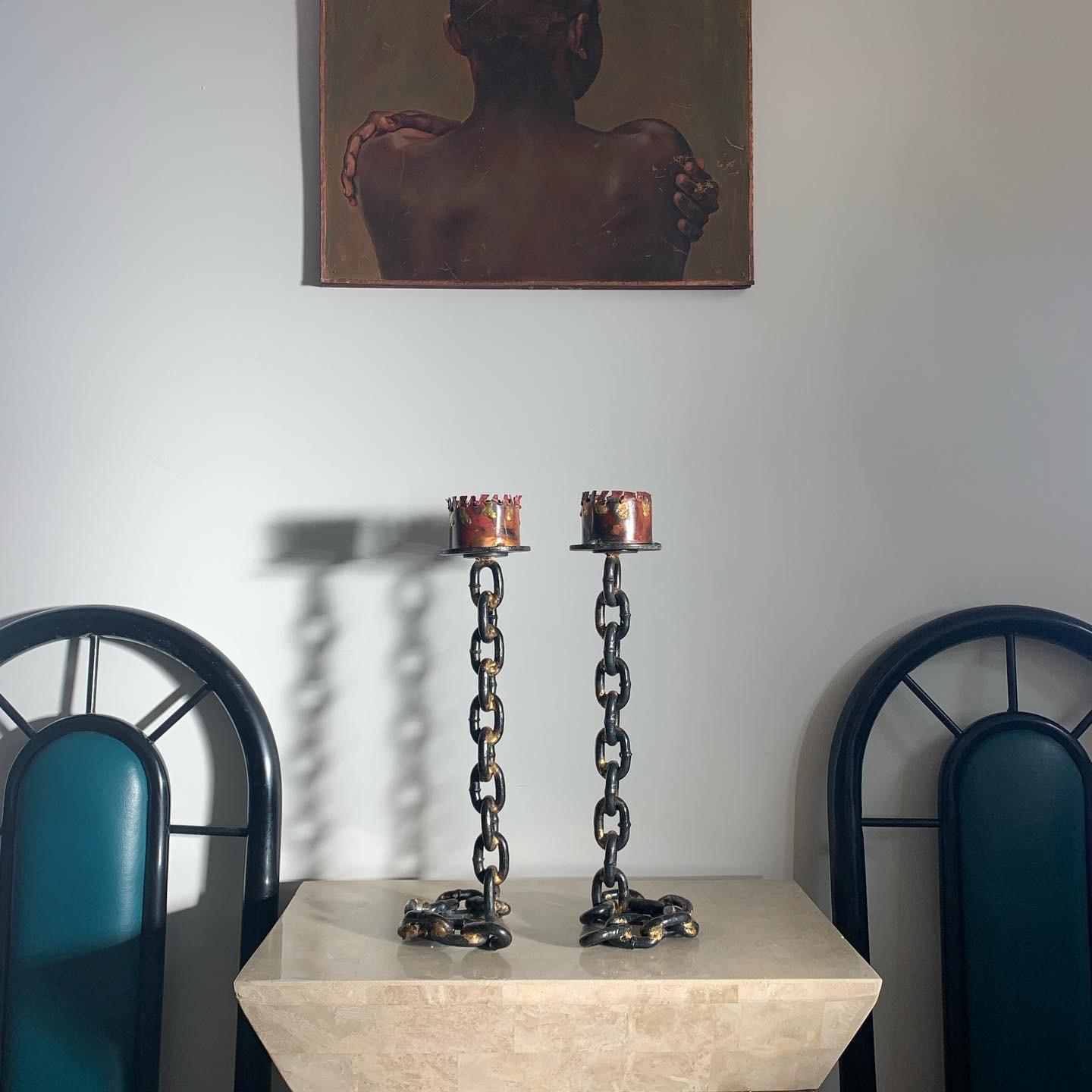 French Medieval Revival Cast Iron Chain Candleholders, a Pair, circa 1970s 1