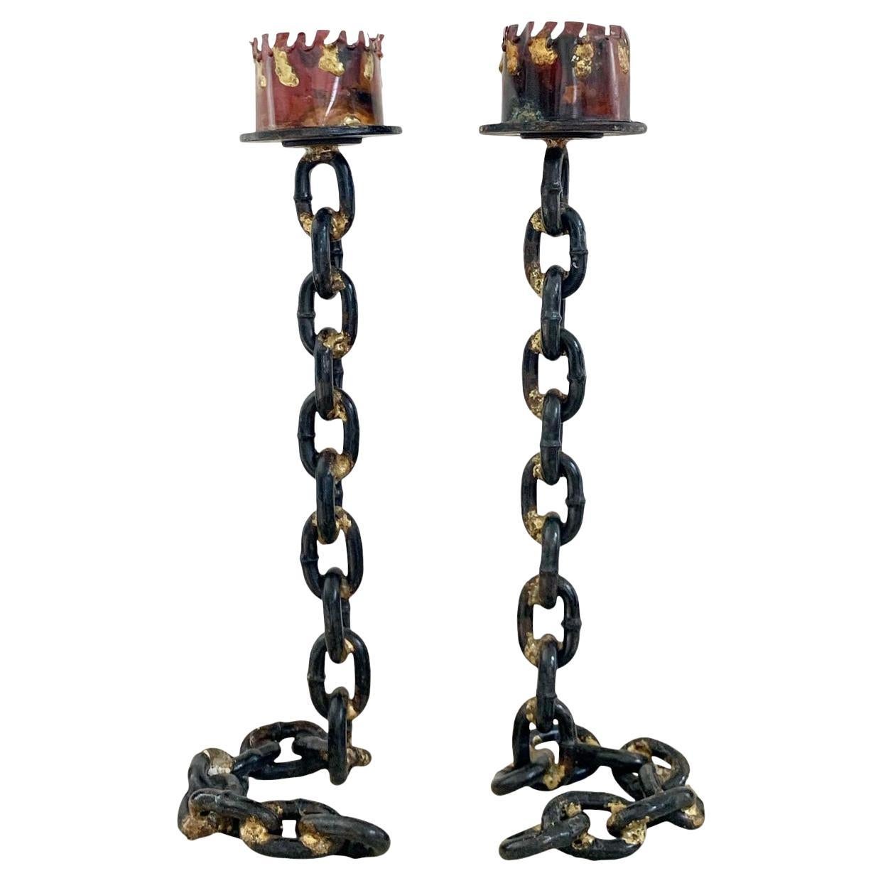 French Medieval Revival Cast Iron Chain Candleholders, a Pair, circa 1970s