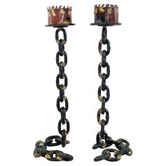 Vintage French Medieval Revival Cast Iron Chain Candleholders, a Pair, circa 1970s