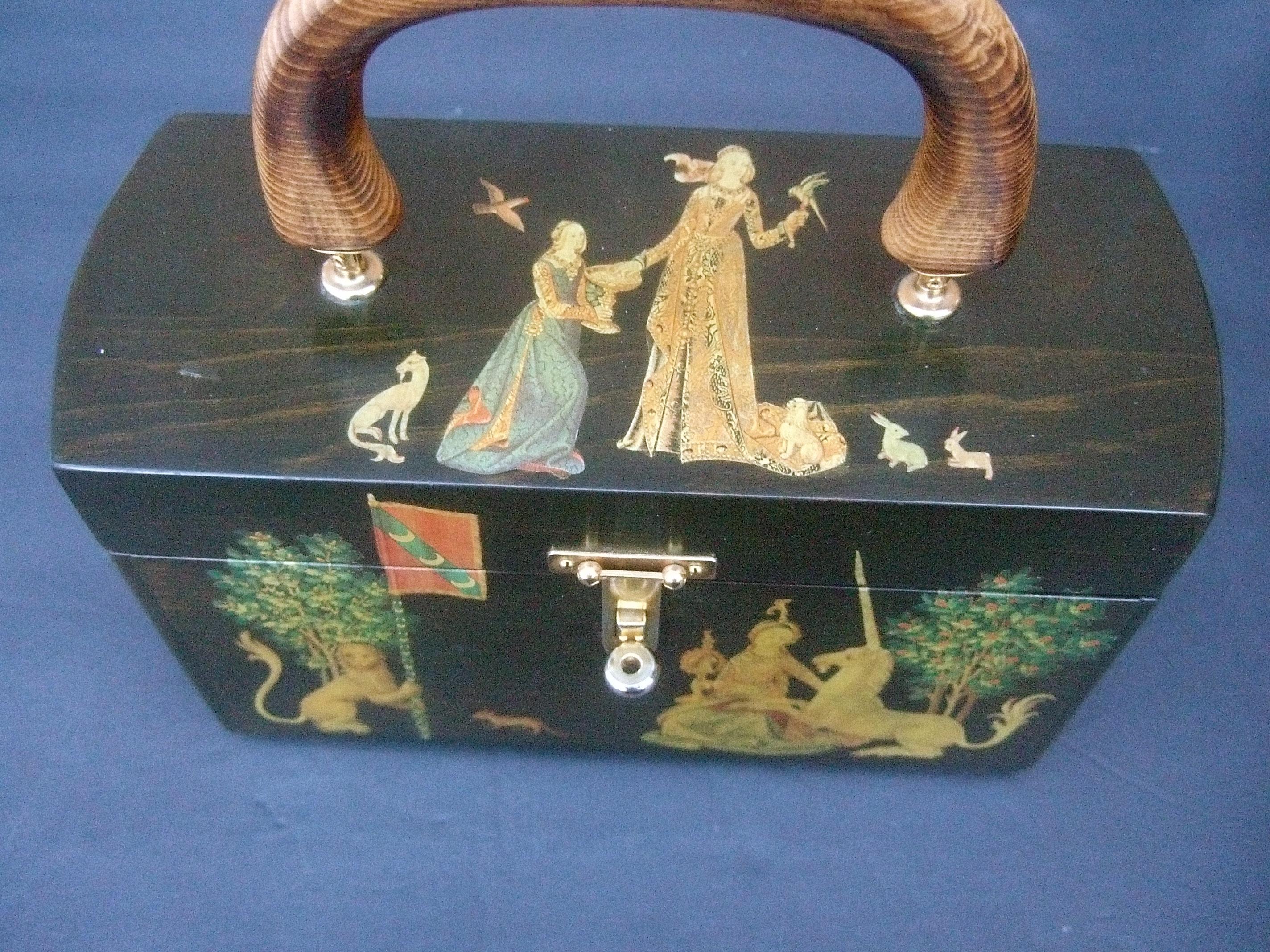 Black 1970s Medieval Style Wood Decoupage Box Purse
