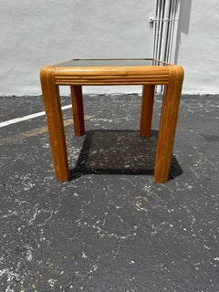 1970s Medium Rattan Smoked Glass Waterfall Edge Table
