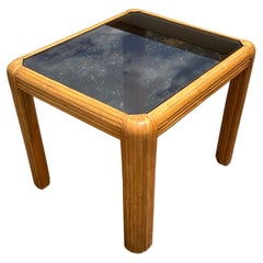 1970s Medium Rattan Smoked Glass Waterfall Edge Table