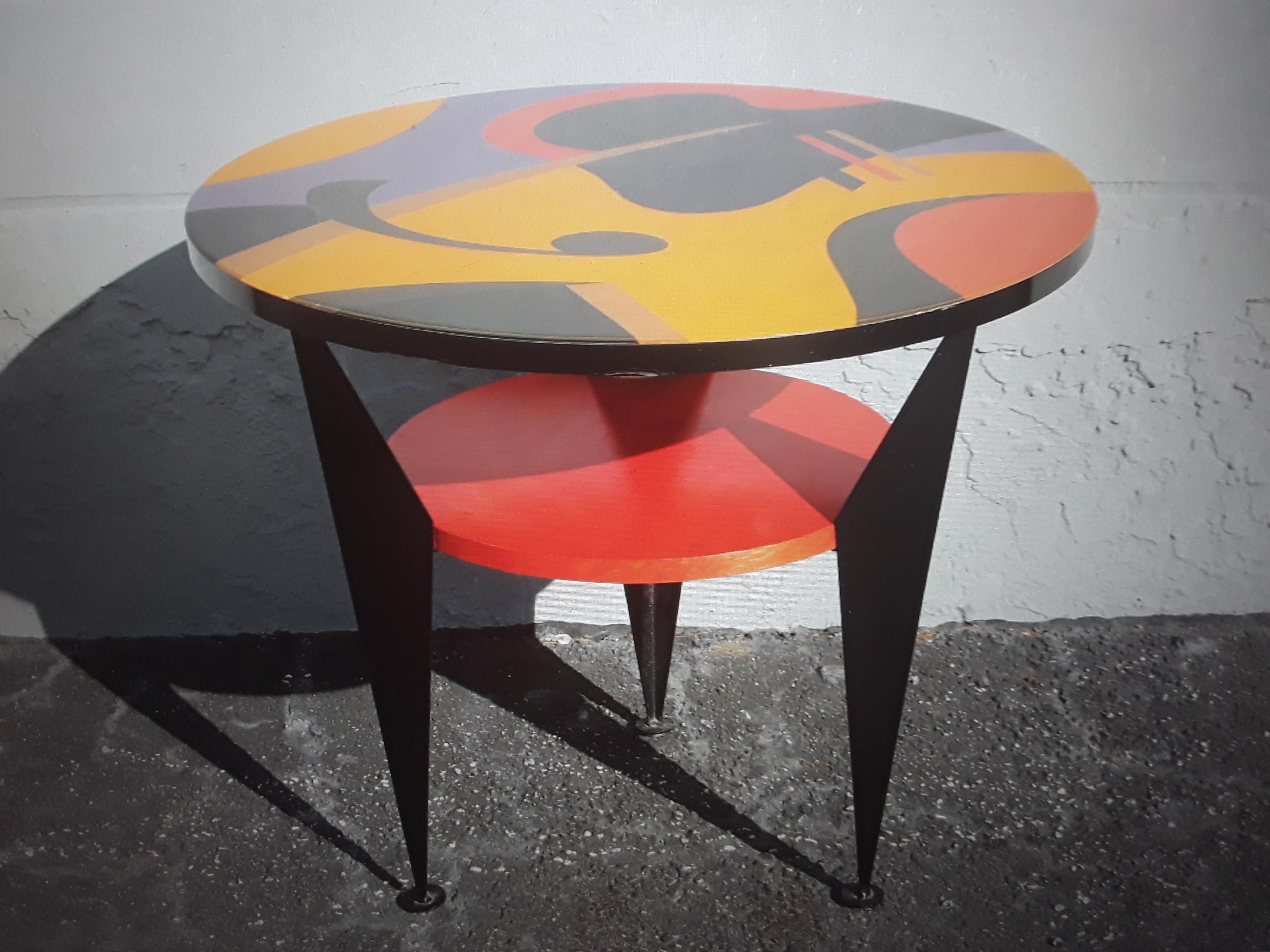 Mid-Century Modern 1970's Memphis Style Multi Color 2 Tiered Accent/ Side Table Signed by Artist For Sale