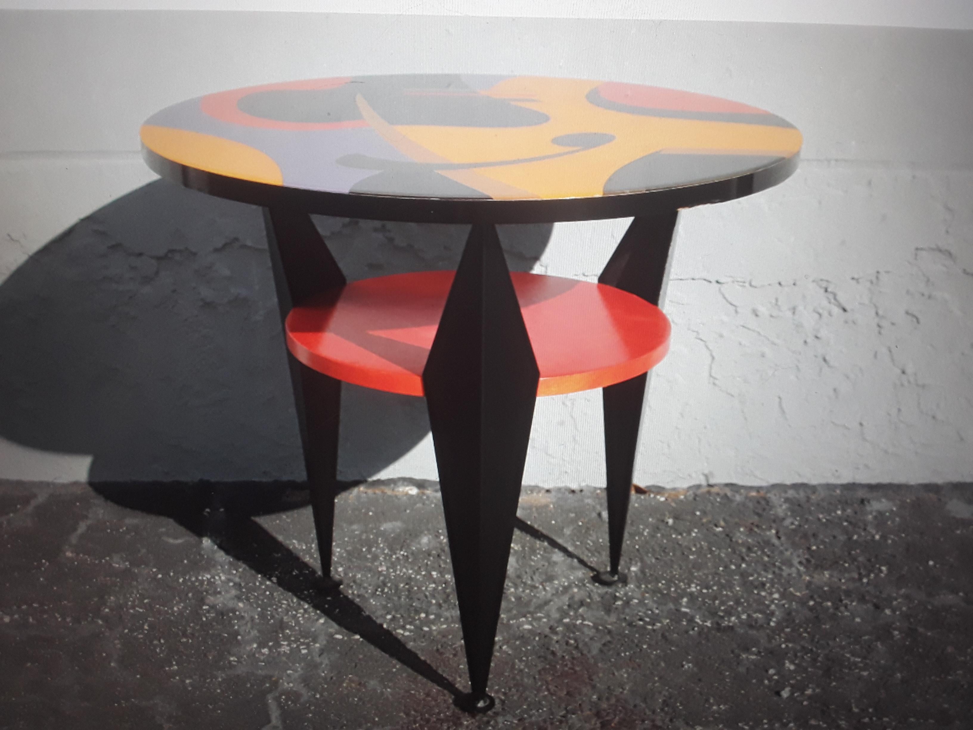 1970's Memphis Style Multi Color 2 Tiered Accent/ Side Table Signed by Artist In Good Condition For Sale In Opa Locka, FL