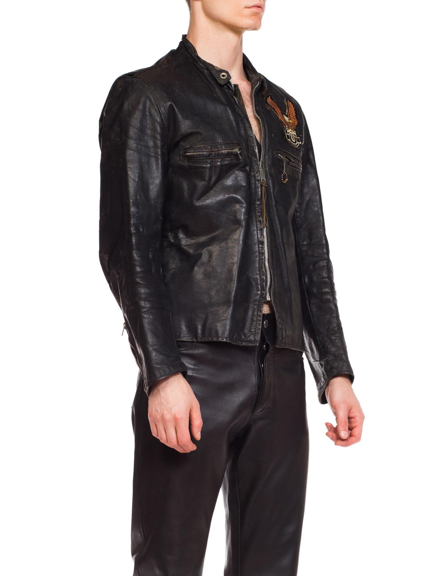 1970S BROOKS Black Leather Men's BMW Eagle Patch Biker Jacket In Excellent Condition In New York, NY