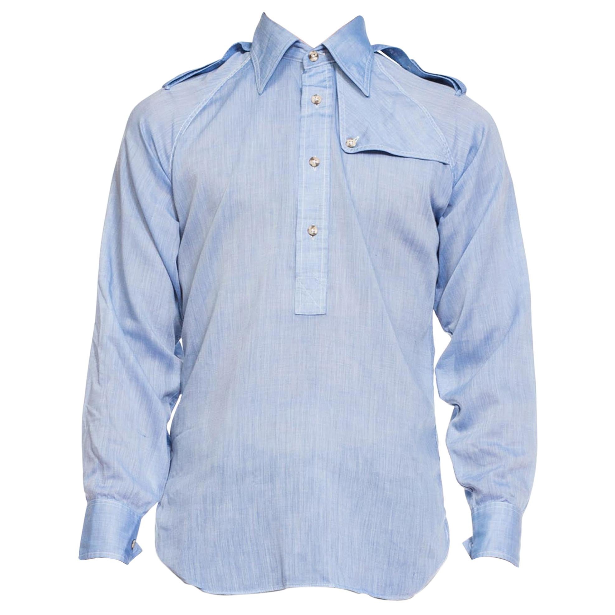 1970S Poly/Cotton Men's Featherweight Chambray Popover Shirt With Epaulets
