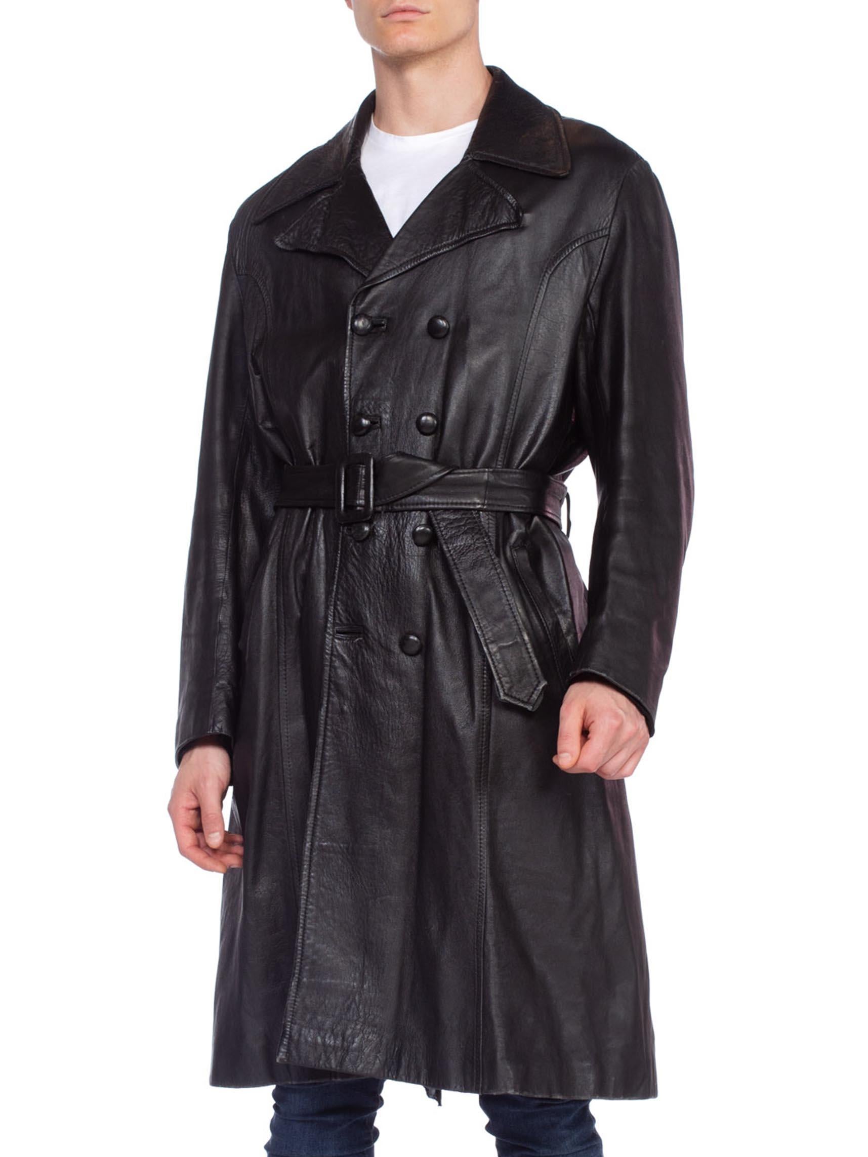 1970S Black Leather Men's Custom Wide Lapel Trench Coat With Belt For ...