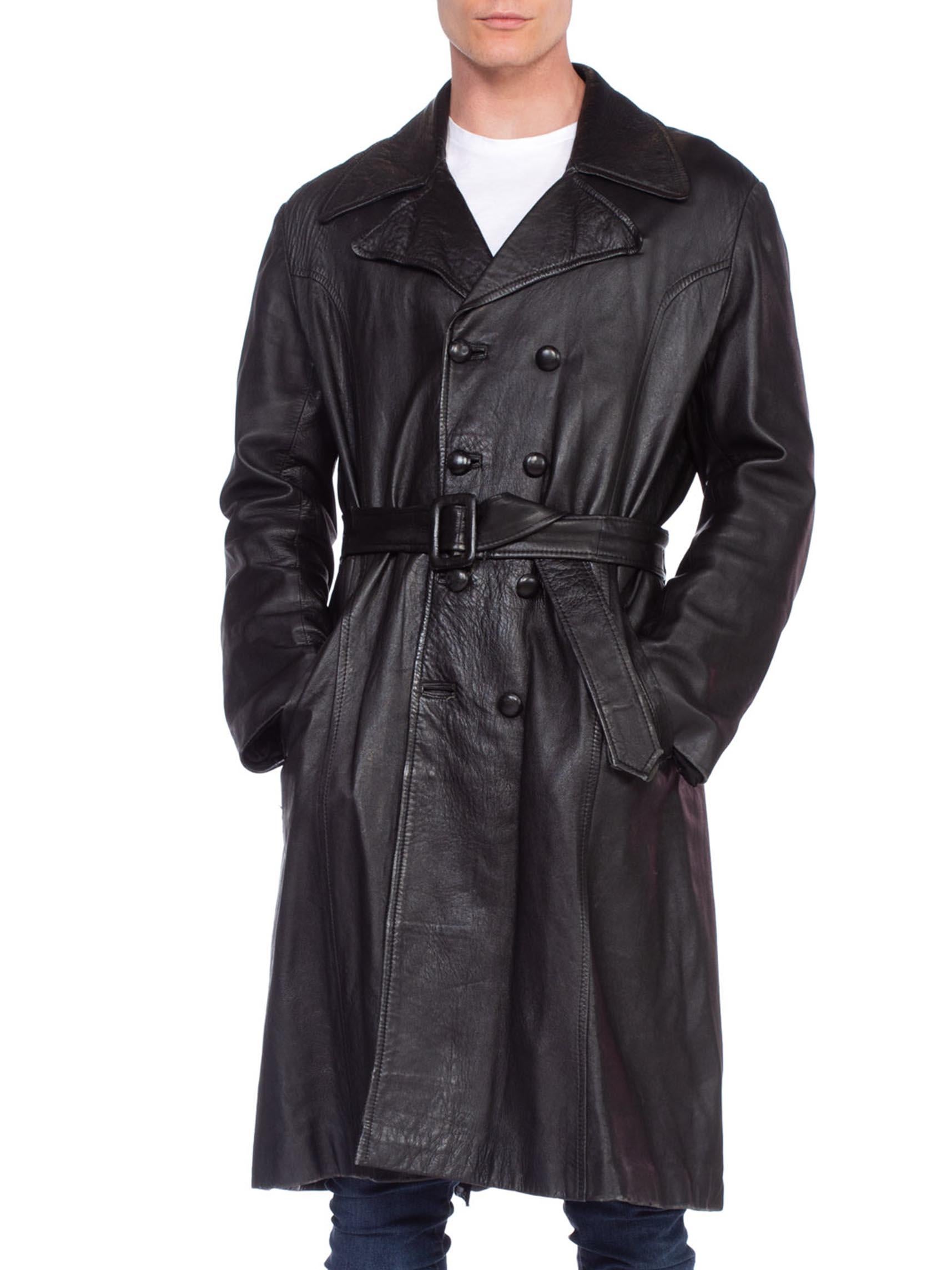 1970S Black Leather Men's Custom Wide Lapel Trench Coat With Belt In Excellent Condition In New York, NY