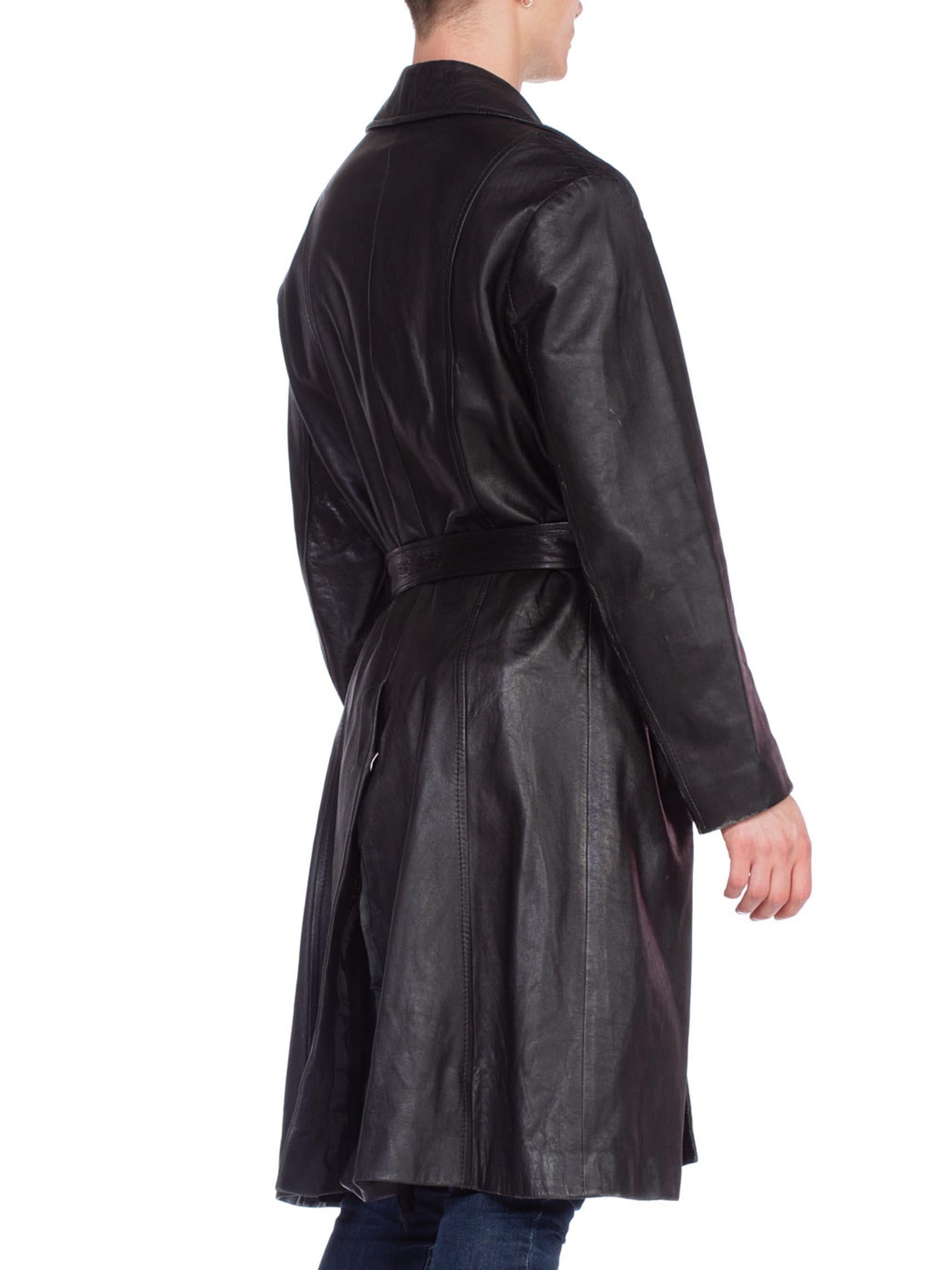 1970S Black Leather Men's Custom Wide Lapel Trench Coat With Belt 2