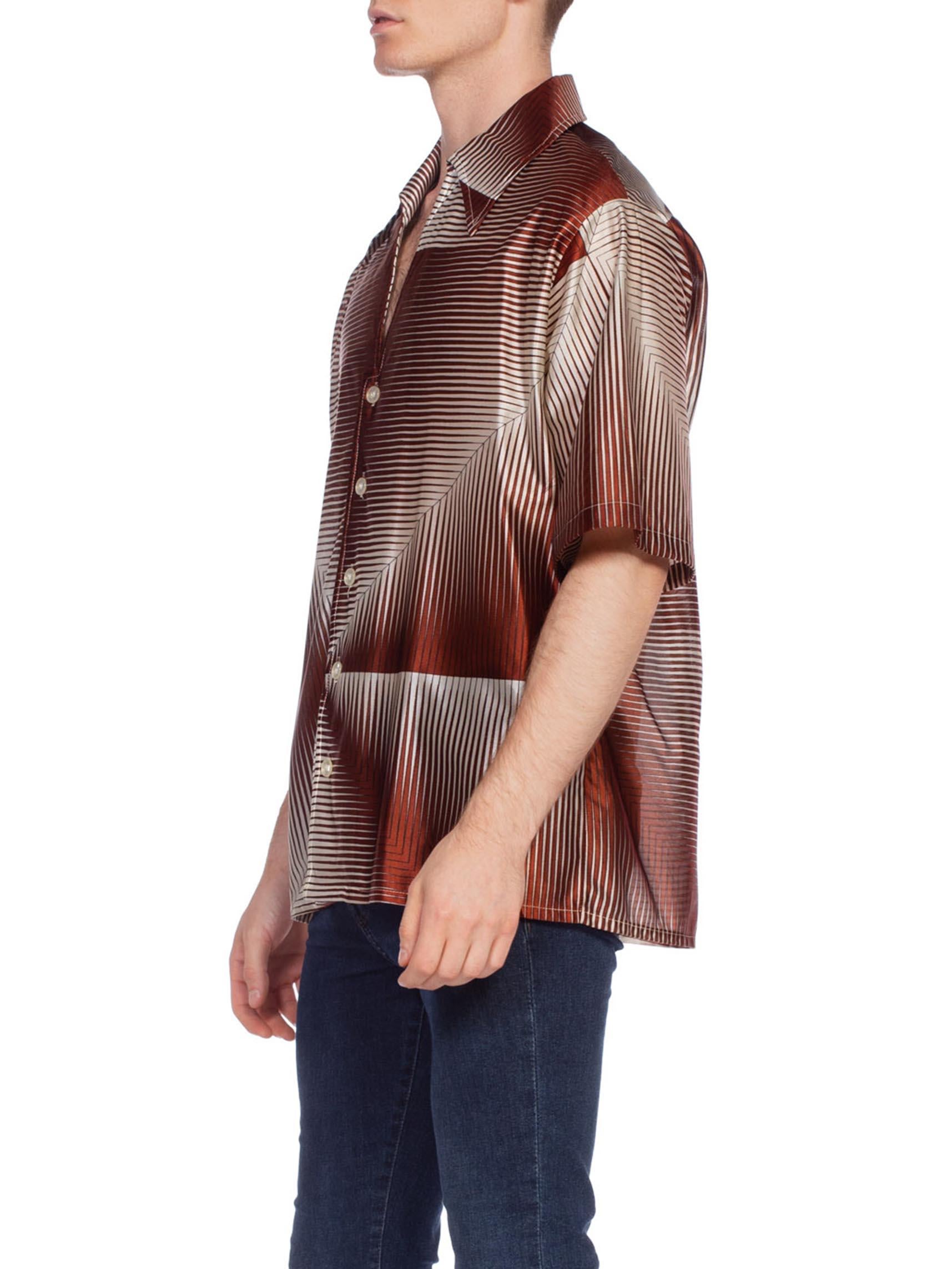1970'S Brown Geometric Acetate Men's Disco Shirt XL 3