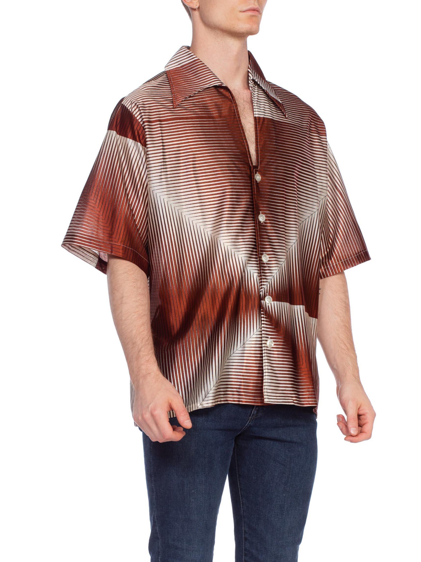 1970'S Brown Geometric Acetate Men's Disco Shirt XL 4