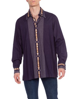 1970'S GINO PAOLI Navy Cotton Men's Disco Shirt With Gucci Belt Print