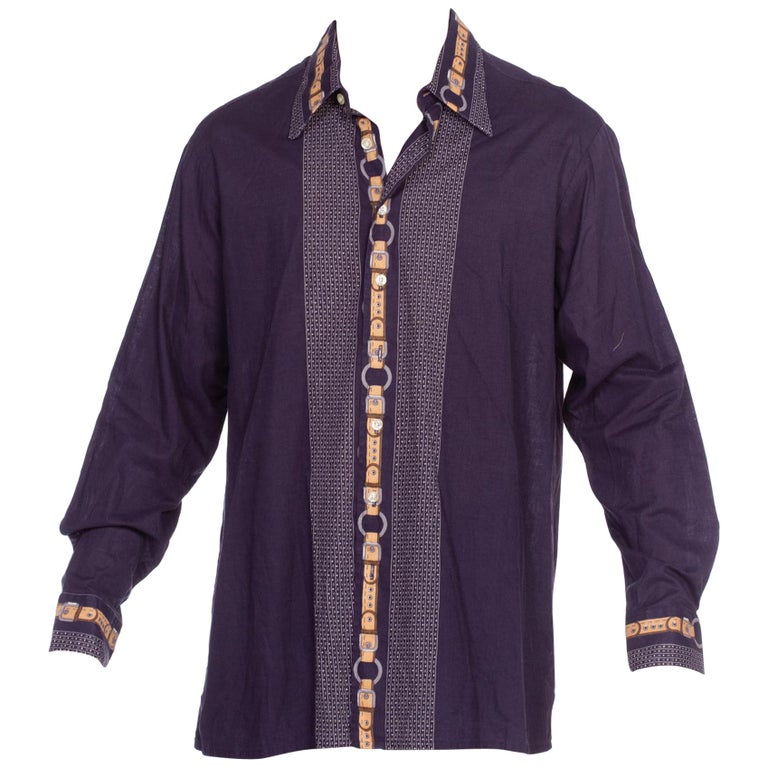 1970'S GINO PAOLI Navy Cotton Men's Disco Shirt With Gucci Belt Print ...