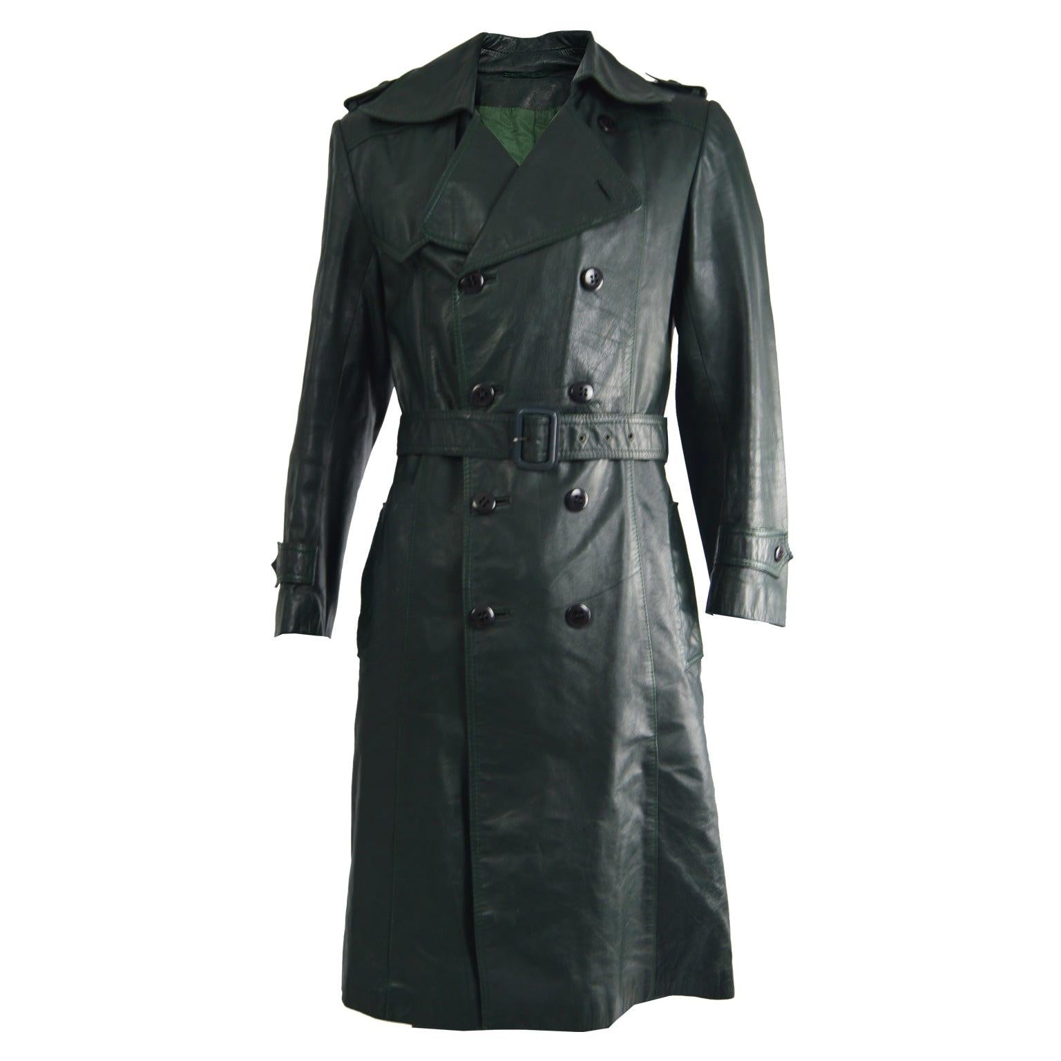 1970s Mens Vintage Green Leather Double Breasted Belted Trench Coat For ...
