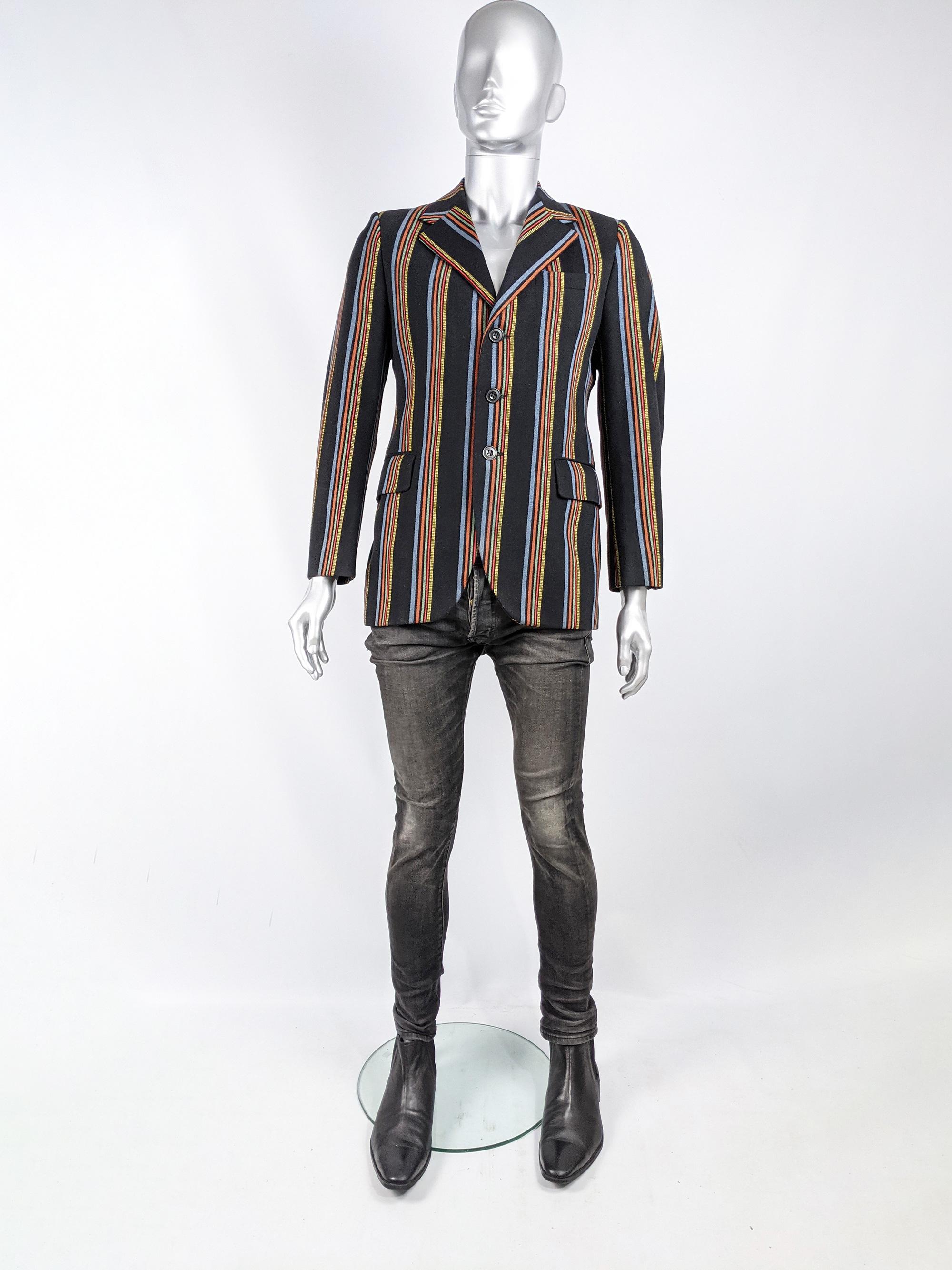 A super cool vintage mod style blazer from the late 1960s / early 1970s by British label, Jackson the Tailor. In a black and multicoloured wool with a stripy pattern, three single breasted buttons and a single vent to the rear. 

Size: Not