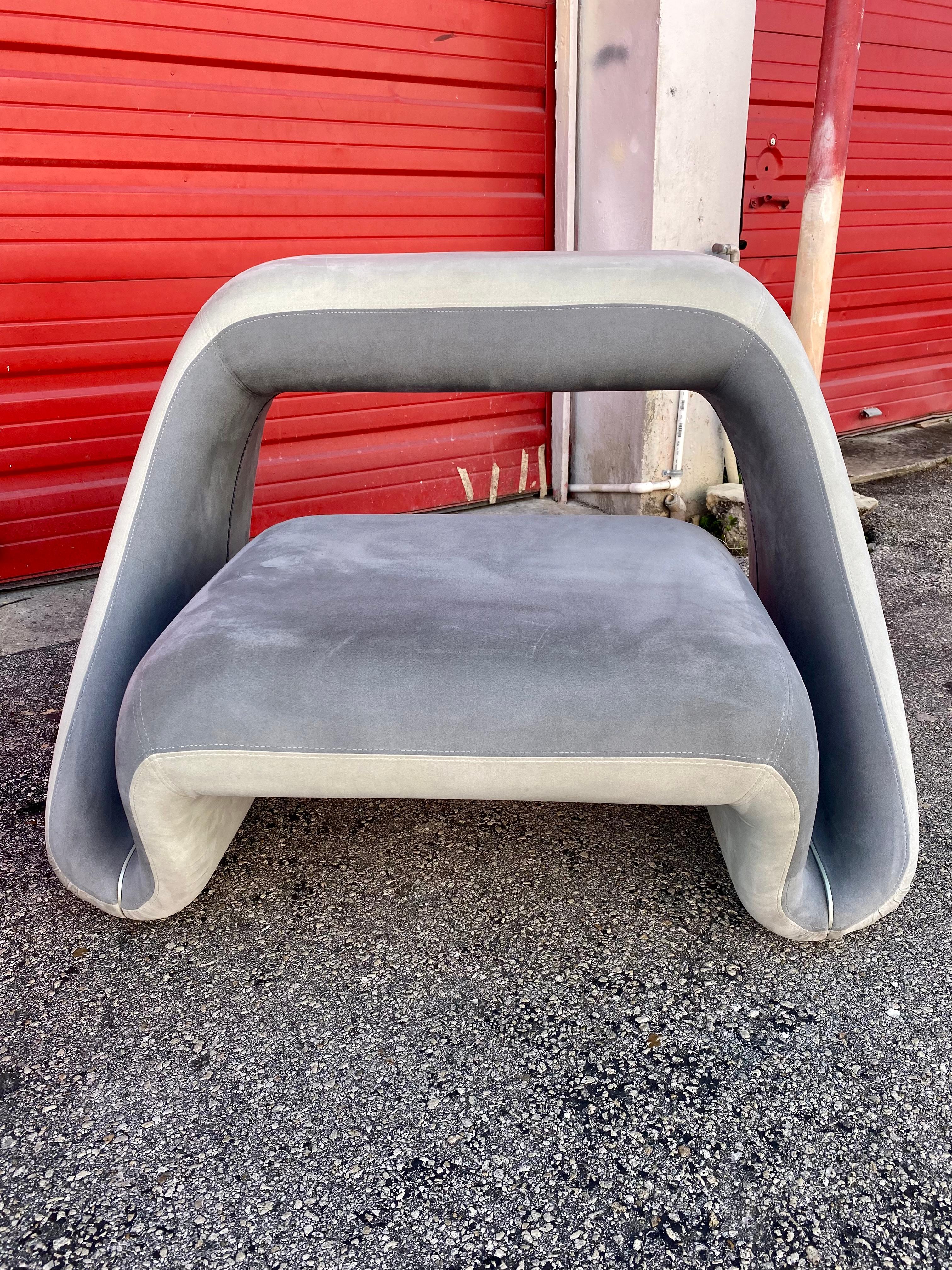 Extremely rare Fabio Novembre for Meritalia sculptural chairs. The beautiful set in dark and light gray ultra suede is statement piece which is also extremely comfortable and packed with personality! The fabulous chairs of the Air Lounge System are