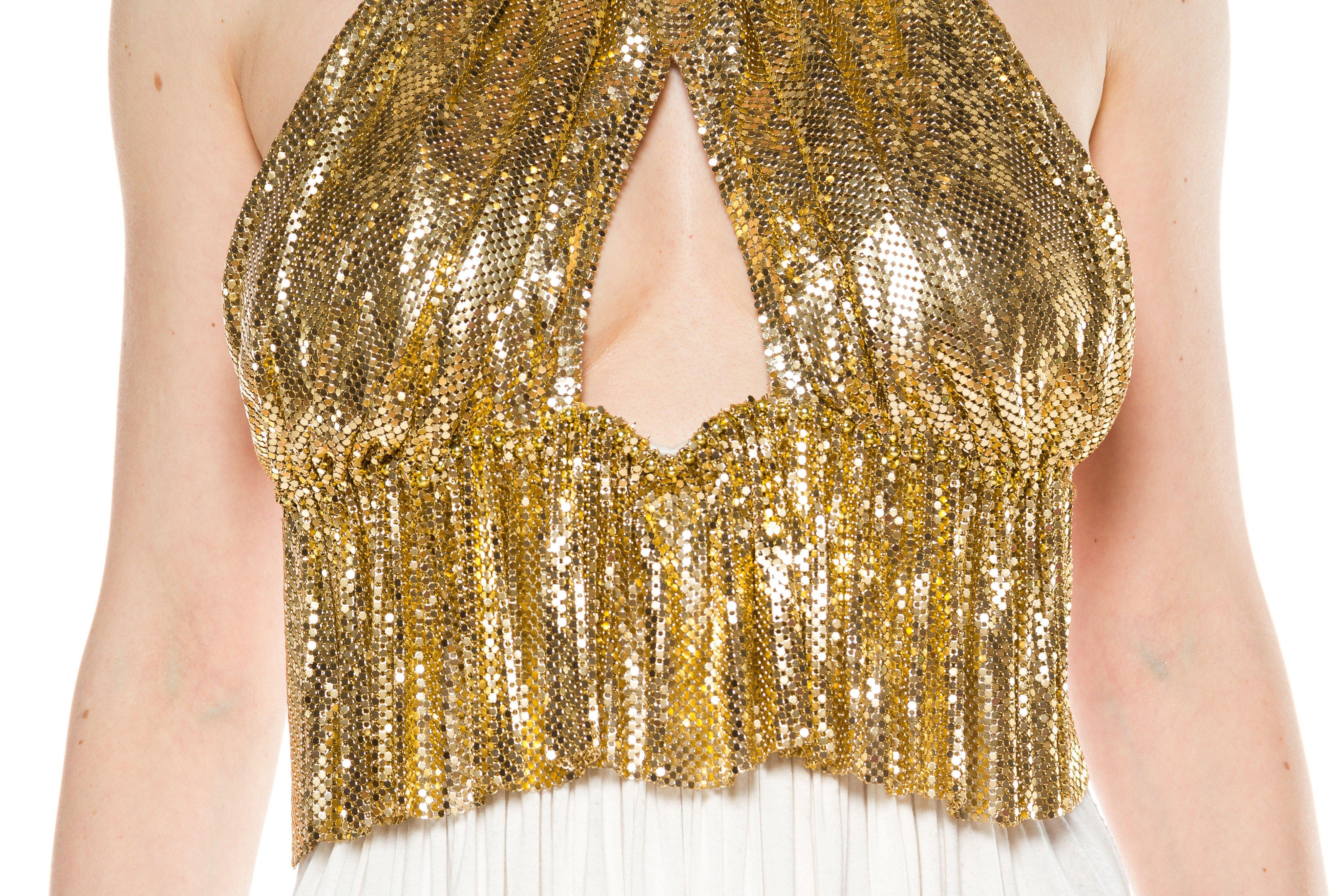 MORPHEW COLLECTION Gold Metal Mesh & Cream Rayon Jersey Halter Dress 1