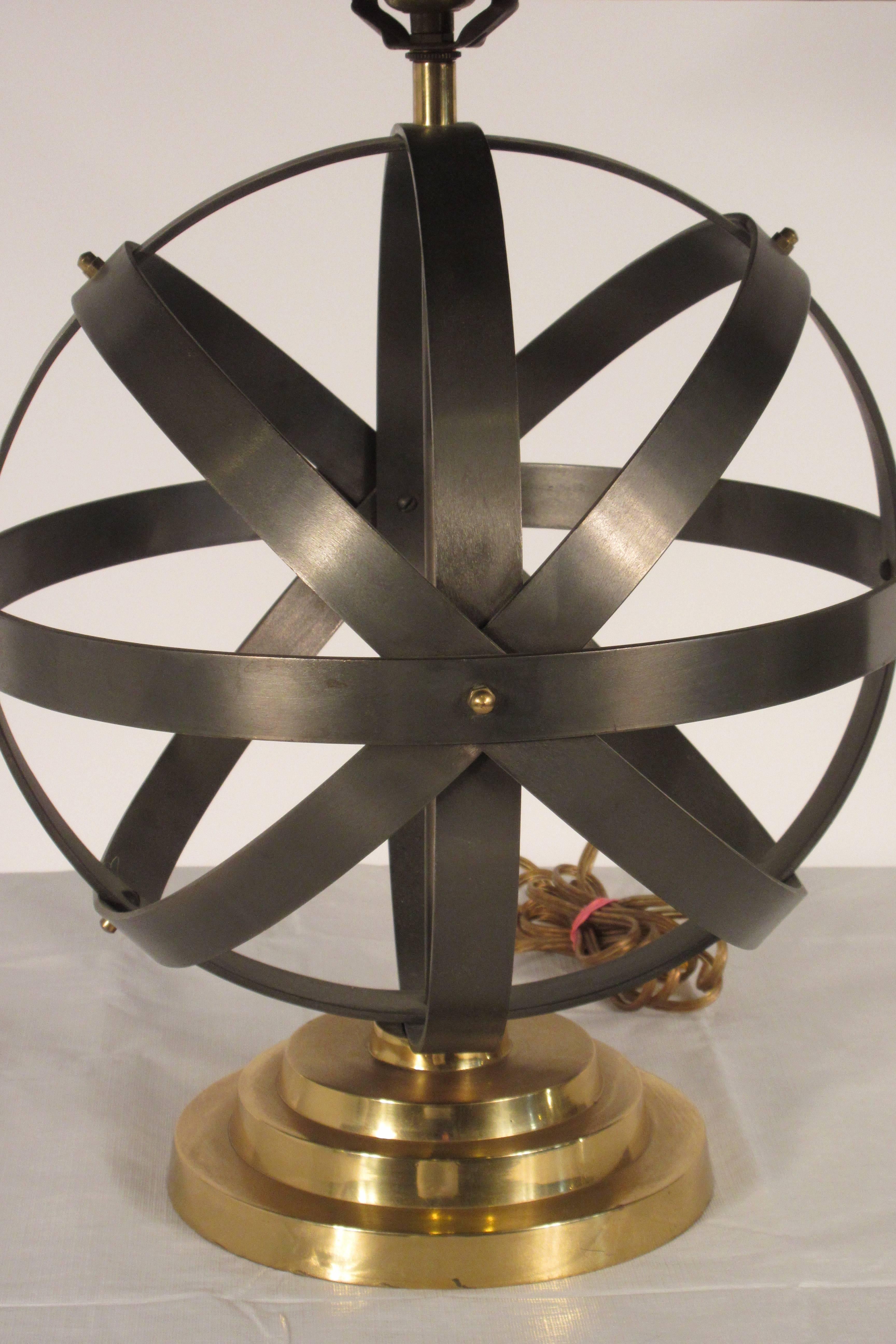 1970s Metal Orb Lamp with Metal and Brass Shade In Good Condition For Sale In Tarrytown, NY