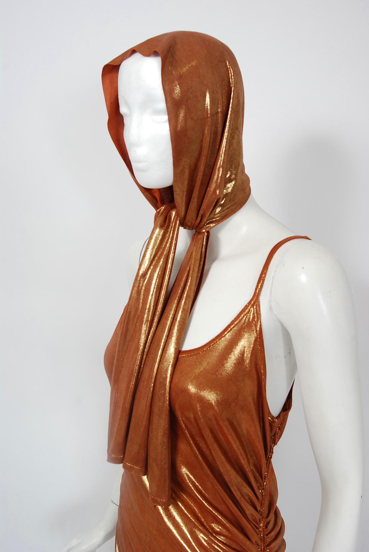 Brown Vintage 1970's Metallic Poly-Lurex Draped Disco Maxi Dress w/ Hood Headscarf