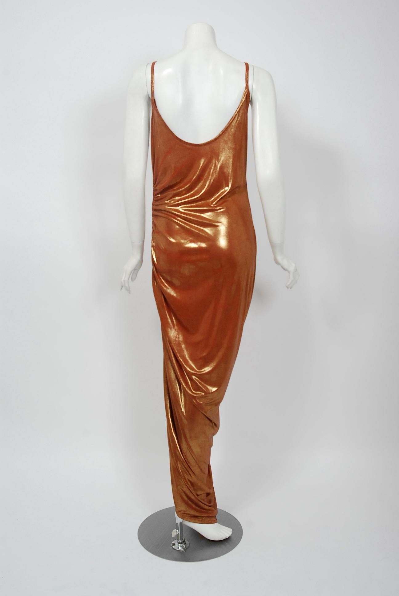 Vintage 1970's Metallic Poly-Lurex Draped Disco Maxi Dress w/ Hood Headscarf In Good Condition In Beverly Hills, CA