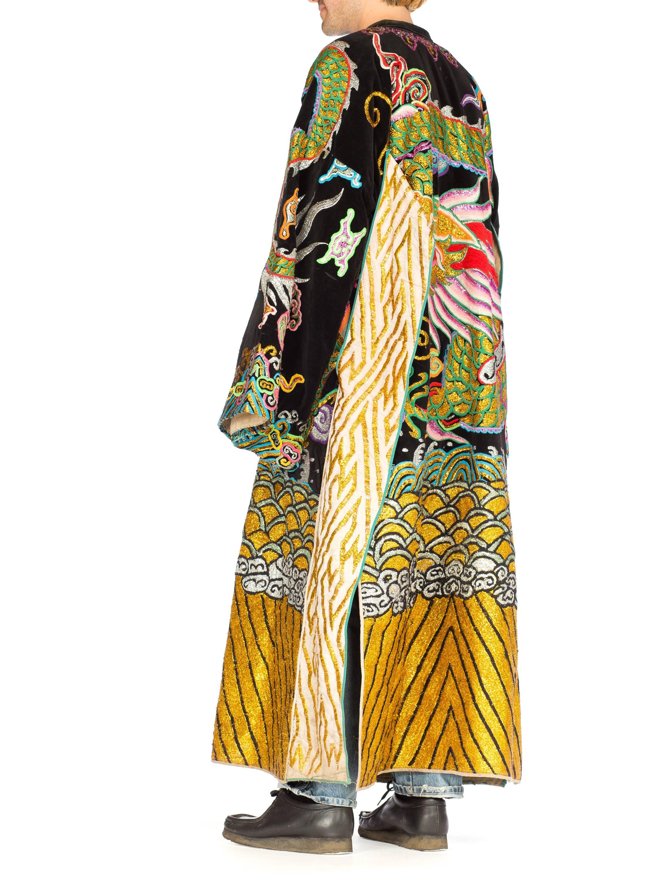 Beige Kimono Style Metallic Embroidered Velvet Chinese Opera Dragon Robe, 1970s 