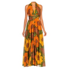 1970S Metallic Gold Rayon/Lurex Orange Floral Printed Halter Top Jumpsuit With