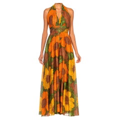 Retro 1970S Metallic Gold Rayon/Lurex Orange Floral Printed Halter Top Jumpsuit With 