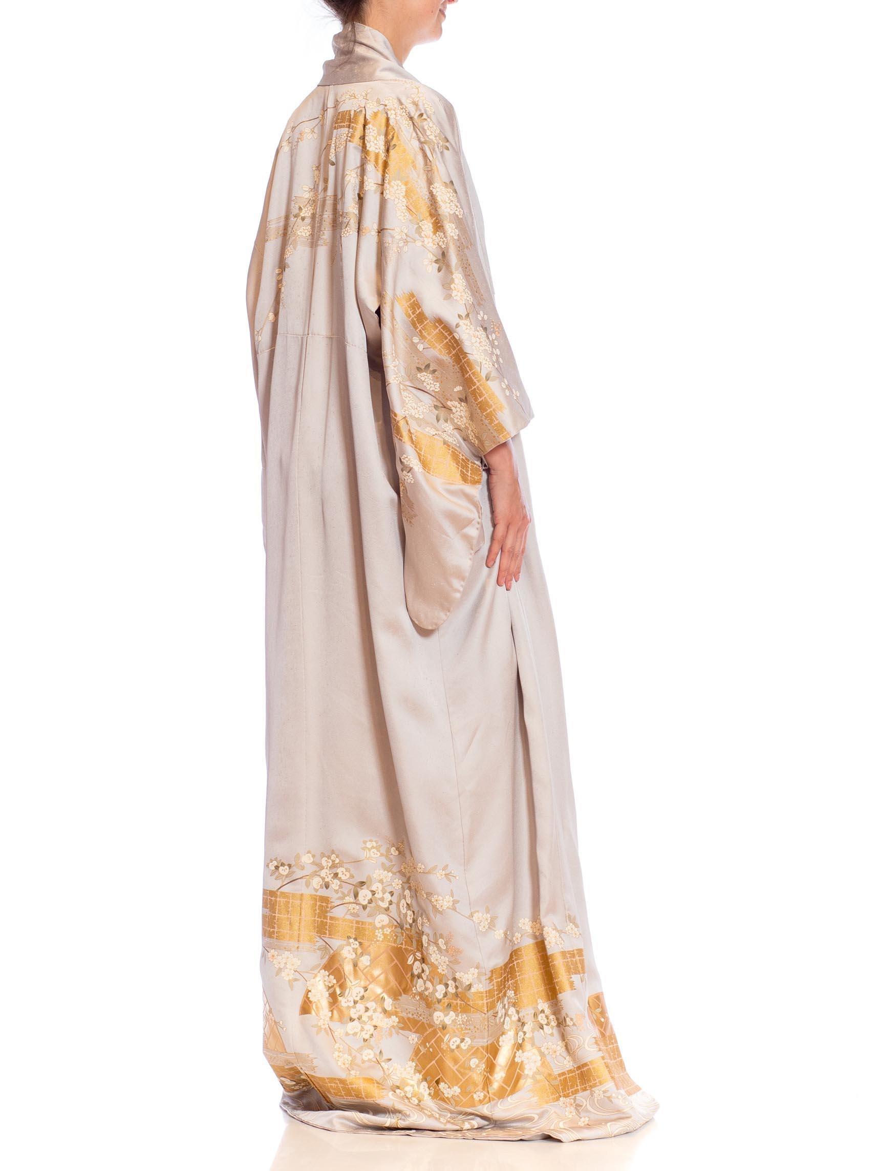 Beige 1970S Metallic Gold & Silver Silk Long Kimono