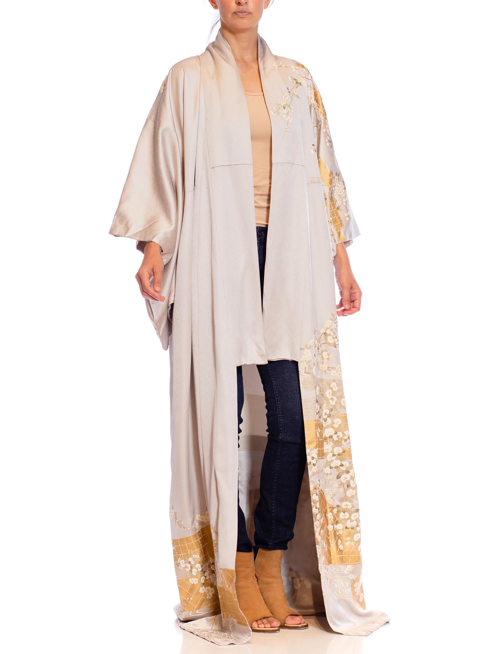 Women's 1970S Metallic Gold & Silver Silk Long Kimono