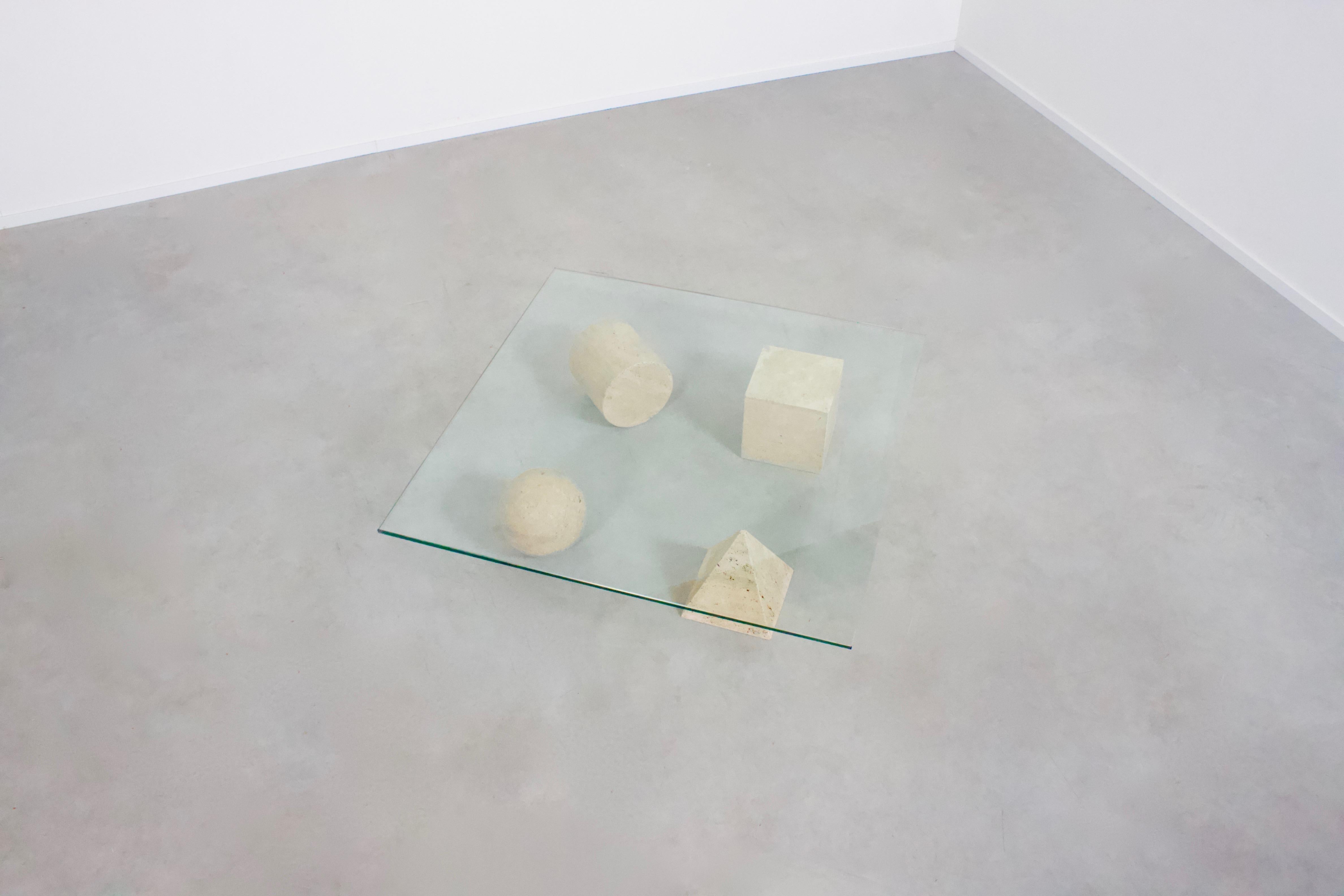 Mid-Century Modern 1970s Metaphora Coffee Table by Massimo and Lella Vignelli, Travertine and Glass