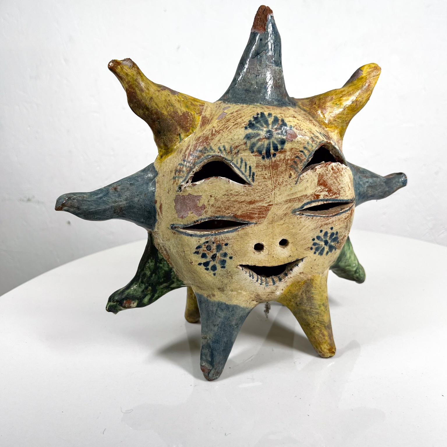 1970s Mexican Art Pottery Table Star Sun Face Candle Holder 5
