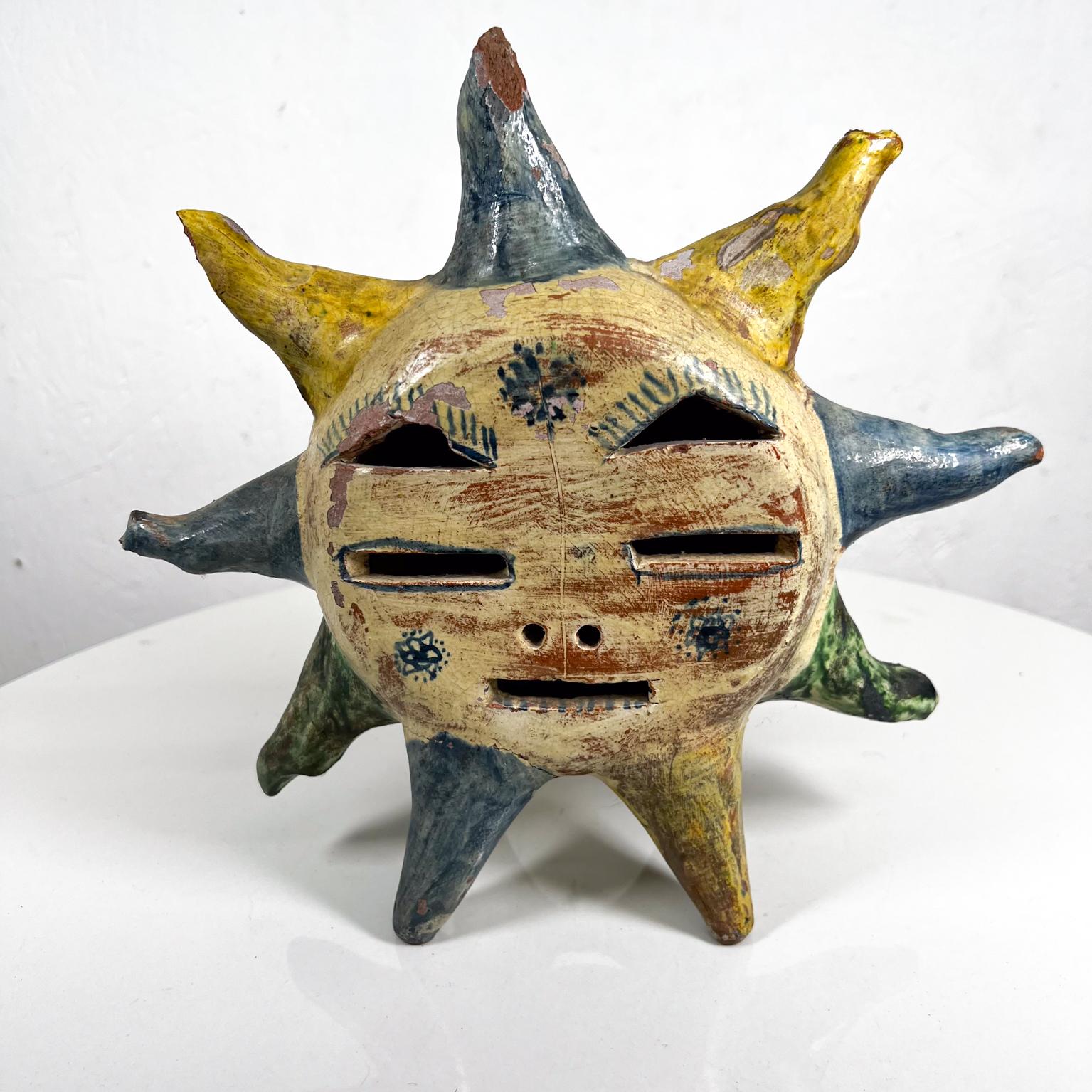 Mid-Century Modern 1970s Mexican Art Pottery Table Star Sun Face Candle Holder