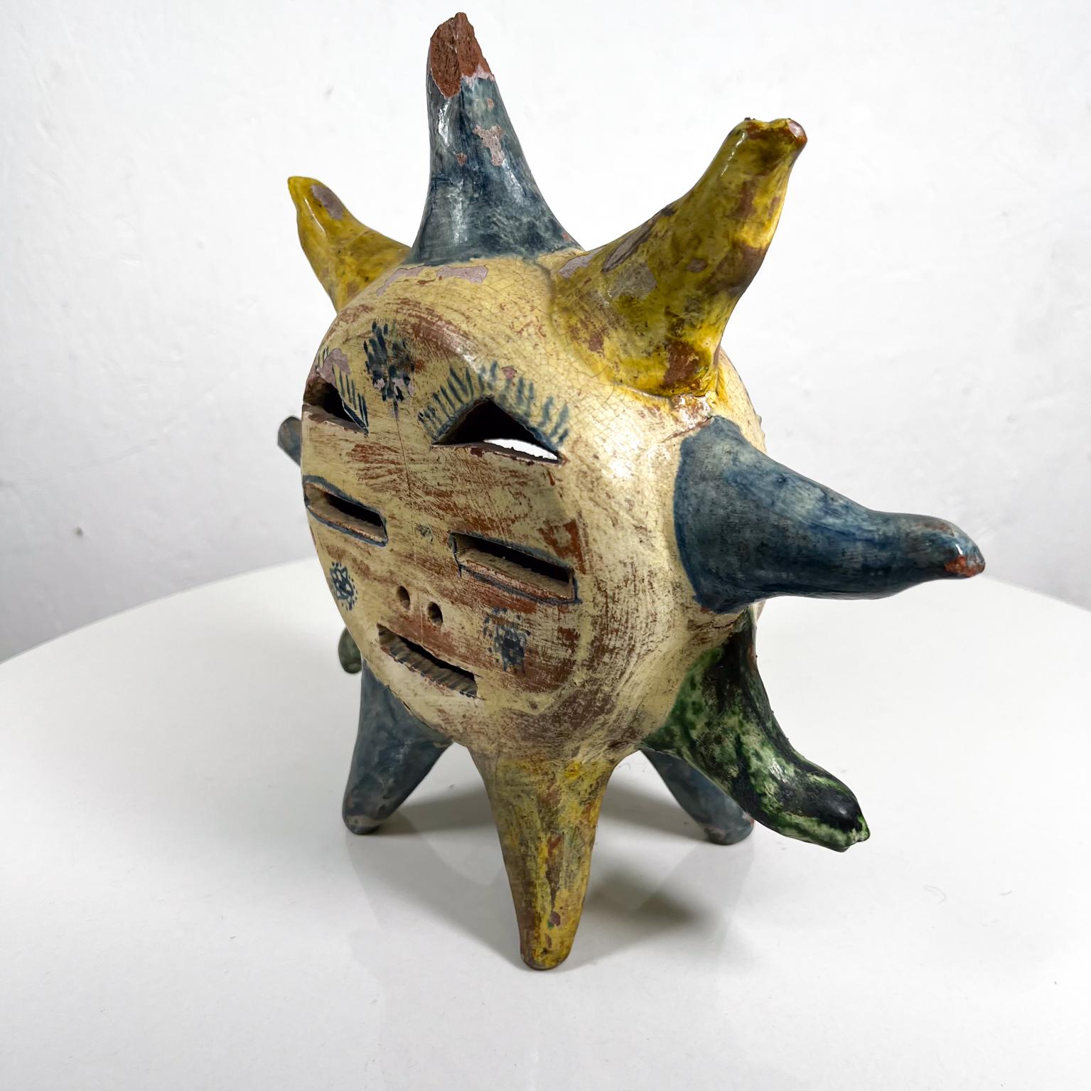 1970s Mexican Art Pottery Table Star Sun Face Candle Holder In Good Condition In Chula Vista, CA