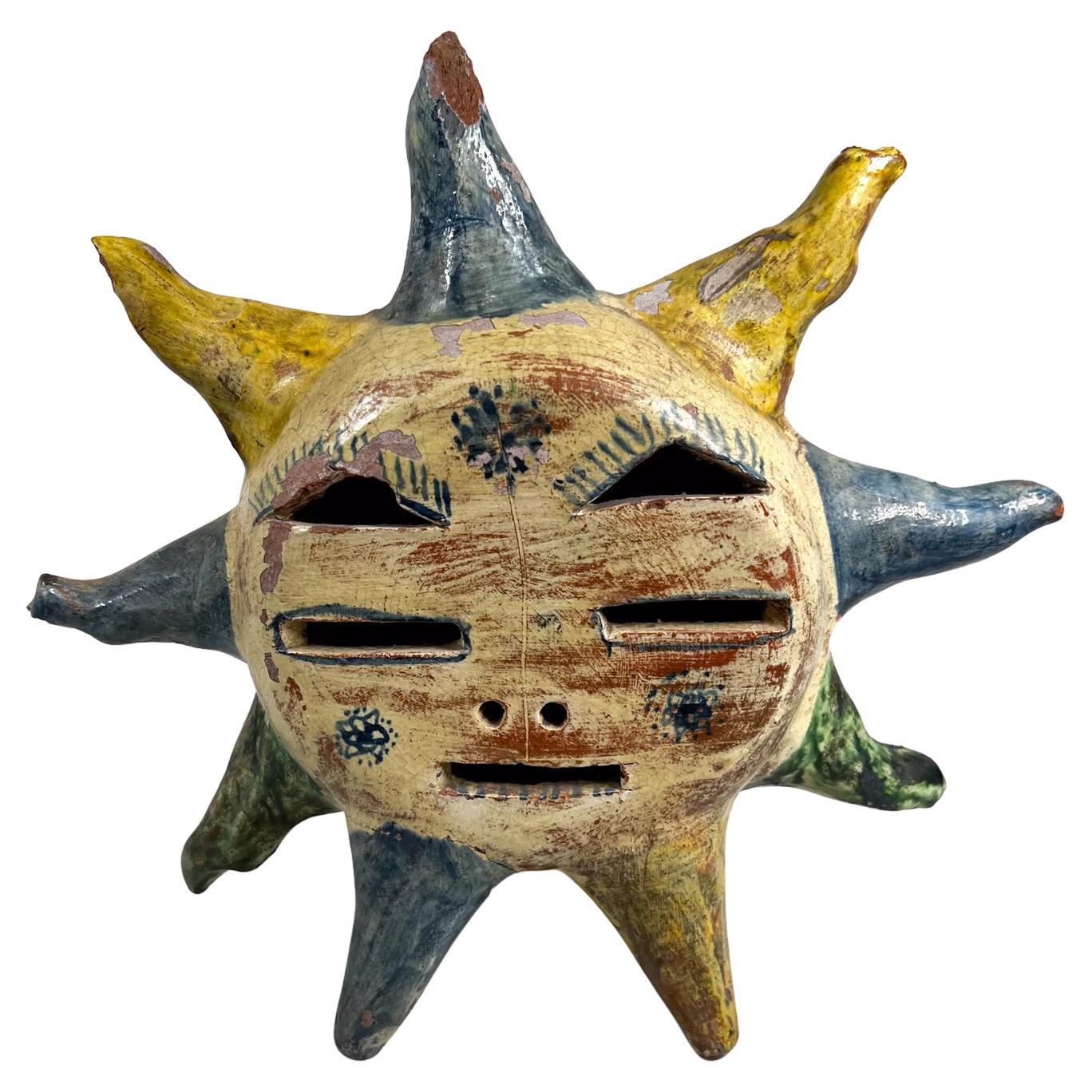 1970s Mexican Art Pottery Table Star Sun Face Candle Holder