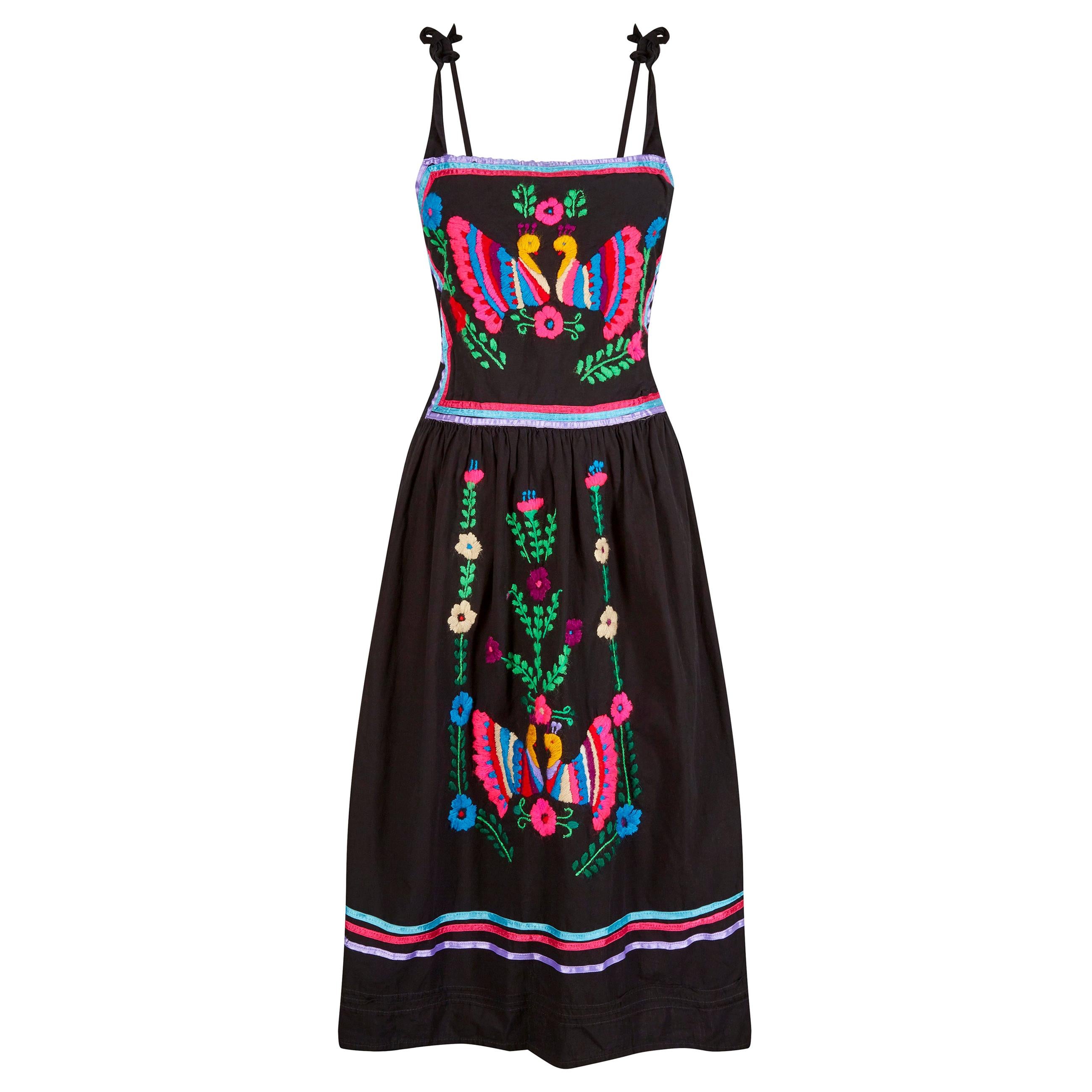 1970s Mexican Colourful Hand Embroidered Sun Dress